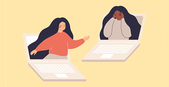 Illustration of two people talking on laptops screens.